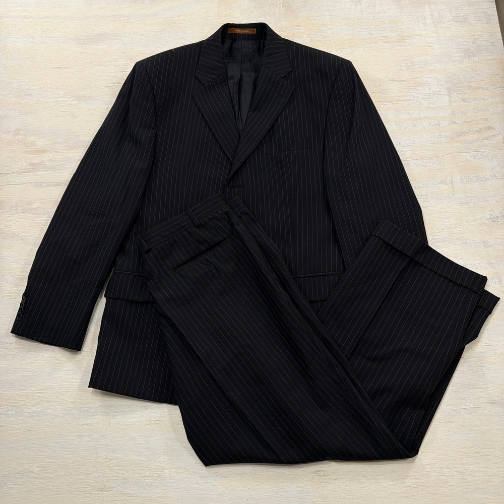 Michael Kors Suit 40R 34x28 Pinstripe Pure Wool Pleated Cuffed Navy Blue Mens
